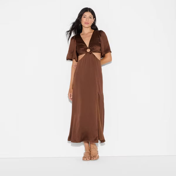Women's Flutter Sleeve Satin Cap Maxi Bodycon Dress - Wild Fable™ Dark Brown